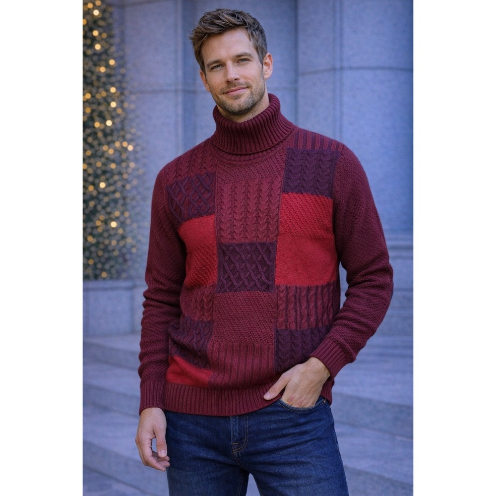 Bugatchi Patchwork‎ Knit Turtleneck Sweater Wool Blend Mens XL